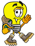 Clip Art Graphic of a Yellow Electric Lightbulb Cartoon Character Hiking and Carrying a Backpack