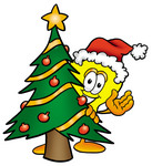 Clip Art Graphic of a Yellow Electric Lightbulb Cartoon Character Waving and Standing by a Decorated Christmas Tree