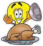 Clip Art Graphic of a Yellow Electric Lightbulb Cartoon Character Serving a Thanksgiving Turkey on a Platter
