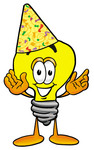 Clip Art Graphic of a Yellow Electric Lightbulb Cartoon Character Wearing a Birthday Party Hat