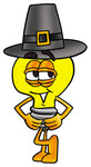 Clip Art Graphic of a Yellow Electric Lightbulb Cartoon Character Wearing a Pilgrim Hat on Thanksgiving