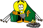 Clip Art Graphic of a Yellow Electric Lightbulb Cartoon Character Camping With a Tent and Fire