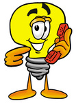 Clip Art Graphic of a Yellow Electric Lightbulb Cartoon Character Holding a Telephone
