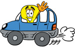 Clip Art Graphic of a Yellow Electric Lightbulb Cartoon Character Driving a Blue Car and Waving