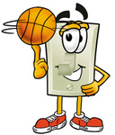 Clip Art Graphic of a White Electrical Light Switch Cartoon Character Spinning a Basketball on His Finger