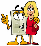 Clip Art Graphic of a White Electrical Light Switch Cartoon Character Talking to a Pretty Blond Woman