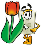 Clip Art Graphic of a White Electrical Light Switch Cartoon Character With a Red Tulip Flower in the Spring