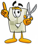 Clip Art Graphic of a White Electrical Light Switch Cartoon Character Holding a Pair of Scissors