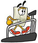 Clip Art Graphic of a White Electrical Light Switch Cartoon Character Walking on a Treadmill in a Fitness Gym