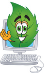 Clip Art Graphic of a Green Tree Leaf Cartoon Character Waving From Inside a Computer Screen
