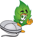 Clip Art Graphic of a Green Tree Leaf Cartoon Character With a Computer Mouse