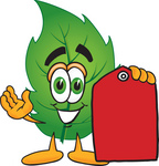 Clip Art Graphic of a Green Tree Leaf Cartoon Character Holding a Red Sales Price Tag