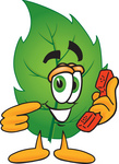 Clip Art Graphic of a Green Tree Leaf Cartoon Character Holding a Telephone