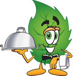 Clip Art Graphic of a Green Tree Leaf Cartoon Character Dressed as a Waiter and Holding a Serving Platter
