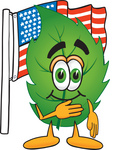 Clip Art Graphic of a Green Tree Leaf Cartoon Character Pledging Allegiance to an American Flag