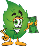 Clip Art Graphic of a Green Tree Leaf Cartoon Character Holding a Dollar Bill