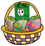 Clip Art Graphic of a Flat Green Dollar Bill Cartoon Character in an Easter Basket Full of Decorated Easter Eggs
