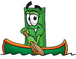 Clip Art Graphic of a Flat Green Dollar Bill Cartoon Character Rowing a Boat