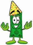 Clip Art Graphic of a Flat Green Dollar Bill Cartoon Character Wearing a Birthday Party Hat