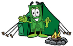 Clip Art Graphic of a Flat Green Dollar Bill Cartoon Character Camping With a Tent and Fire