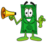 Clip Art Graphic of a Flat Green Dollar Bill Cartoon Character Holding a Megaphone