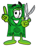 Clip Art Graphic of a Flat Green Dollar Bill Cartoon Character Holding a Pair of Scissors