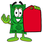 Clip Art Graphic of a Flat Green Dollar Bill Cartoon Character Holding a Red Sales Price Tag