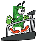 Clip Art Graphic of a Flat Green Dollar Bill Cartoon Character Walking on a Treadmill in a Fitness Gym