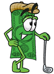 Clip Art Graphic of a Flat Green Dollar Bill Cartoon Character Leaning on a Golf Club While Golfing