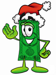 Clip Art Graphic of a Flat Green Dollar Bill Cartoon Character Wearing a Santa Hat and Waving