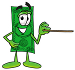 Clip Art Graphic of a Flat Green Dollar Bill Cartoon Character Holding a Pointer Stick