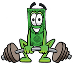 Clip Art Graphic of a Flat Green Dollar Bill Cartoon Character Lifting a Heavy Barbell