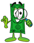 Clip Art Graphic of a Flat Green Dollar Bill Cartoon Character Looking Through a Magnifying Glass