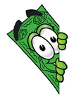Clip Art Graphic of a Flat Green Dollar Bill Cartoon Character Peeking Around a Corner