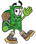 Clip Art Graphic of a Flat Green Dollar Bill Cartoon Character Hiking and Carrying a Backpack