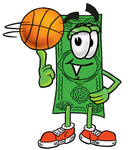 Clip Art Graphic of a Flat Green Dollar Bill Cartoon Character Spinning a Basketball on His Finger