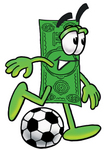 Clip Art Graphic of a Flat Green Dollar Bill Cartoon Character Kicking a Soccer Ball