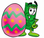 Clip Art Graphic of a Flat Green Dollar Bill Cartoon Character Standing Beside an Easter Egg