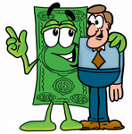 Clip Art Graphic of a Flat Green Dollar Bill Cartoon Character Talking to a Business Man