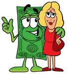 Clip Art Graphic of a Flat Green Dollar Bill Cartoon Character Talking to a Pretty Blond Woman