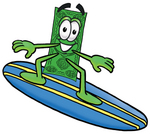 Clip Art Graphic of a Flat Green Dollar Bill Cartoon Character Surfing on a Blue and Yellow Surfboard