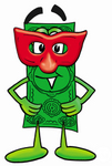 Clip Art Graphic of a Flat Green Dollar Bill Cartoon Character Wearing a Red Mask Over His Face
