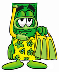 Clip Art Graphic of a Flat Green Dollar Bill Cartoon Character in Green and Yellow Snorkel Gear