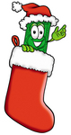 Clip Art Graphic of a Flat Green Dollar Bill Cartoon Character Wearing a Santa Hat Inside a Red Christmas Stocking