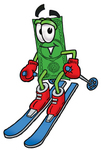 Clip Art Graphic of a Flat Green Dollar Bill Cartoon Character Skiing Downhill