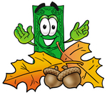 Clip Art Graphic of a Flat Green Dollar Bill Cartoon Character With Autumn Leaves and Acorns in the Fall