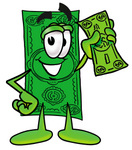Clip Art Graphic of a Flat Green Dollar Bill Cartoon Character Holding a Dollar Bill