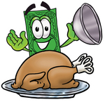 Clip Art Graphic of a Flat Green Dollar Bill Cartoon Character Serving a Thanksgiving Turkey on a Platter