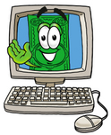 Clip Art Graphic of a Flat Green Dollar Bill Cartoon Character Waving From Inside a Computer Screen