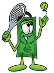 Clip Art Graphic of a Flat Green Dollar Bill Cartoon Character Preparing to Hit a Tennis Ball